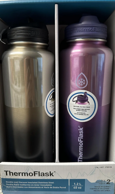 ThermoFlask Stainless Steel Water Bottle, 40oz, Assorted Colors (2-pack)