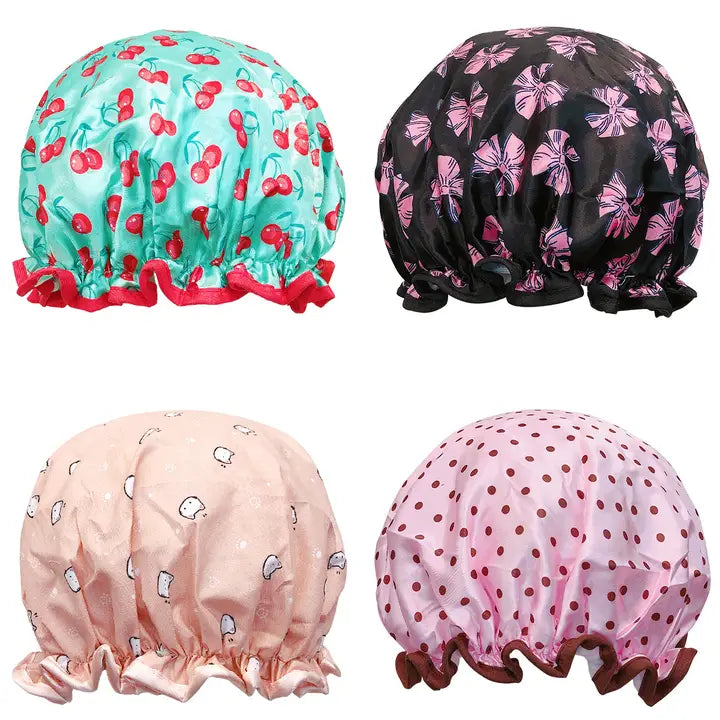 Wrapables Double Layer Waterproof Shower Caps, Dots, Cherries & Kitties (Set of 4)