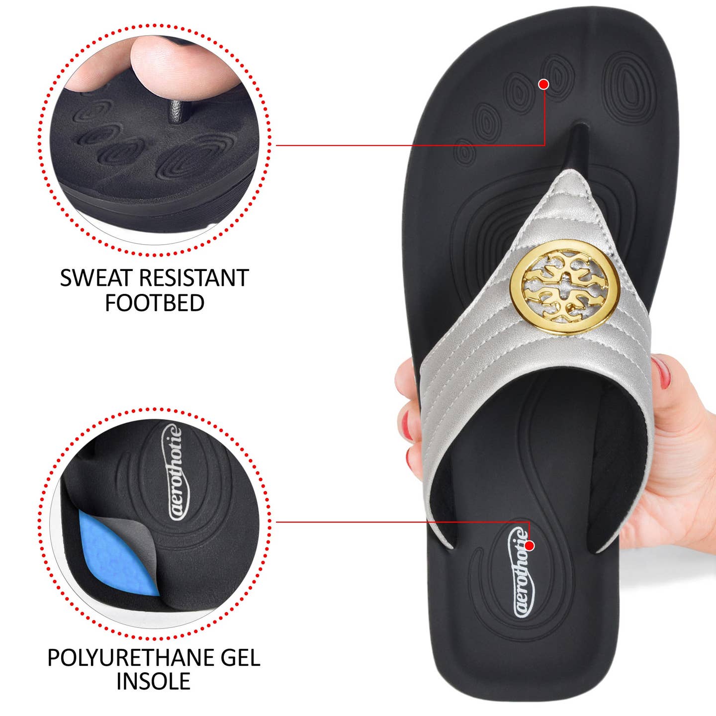 Aerothotic - Women's Walking Thong Sandals, Idelle - Silver (L0360)