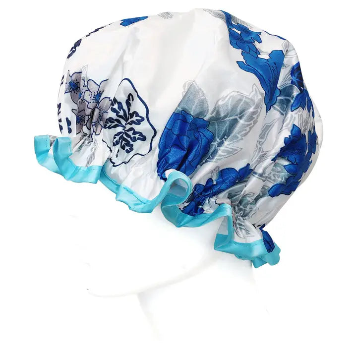 Wrapables Reusable Women's Waterproof Shower Caps, Blue Floral
