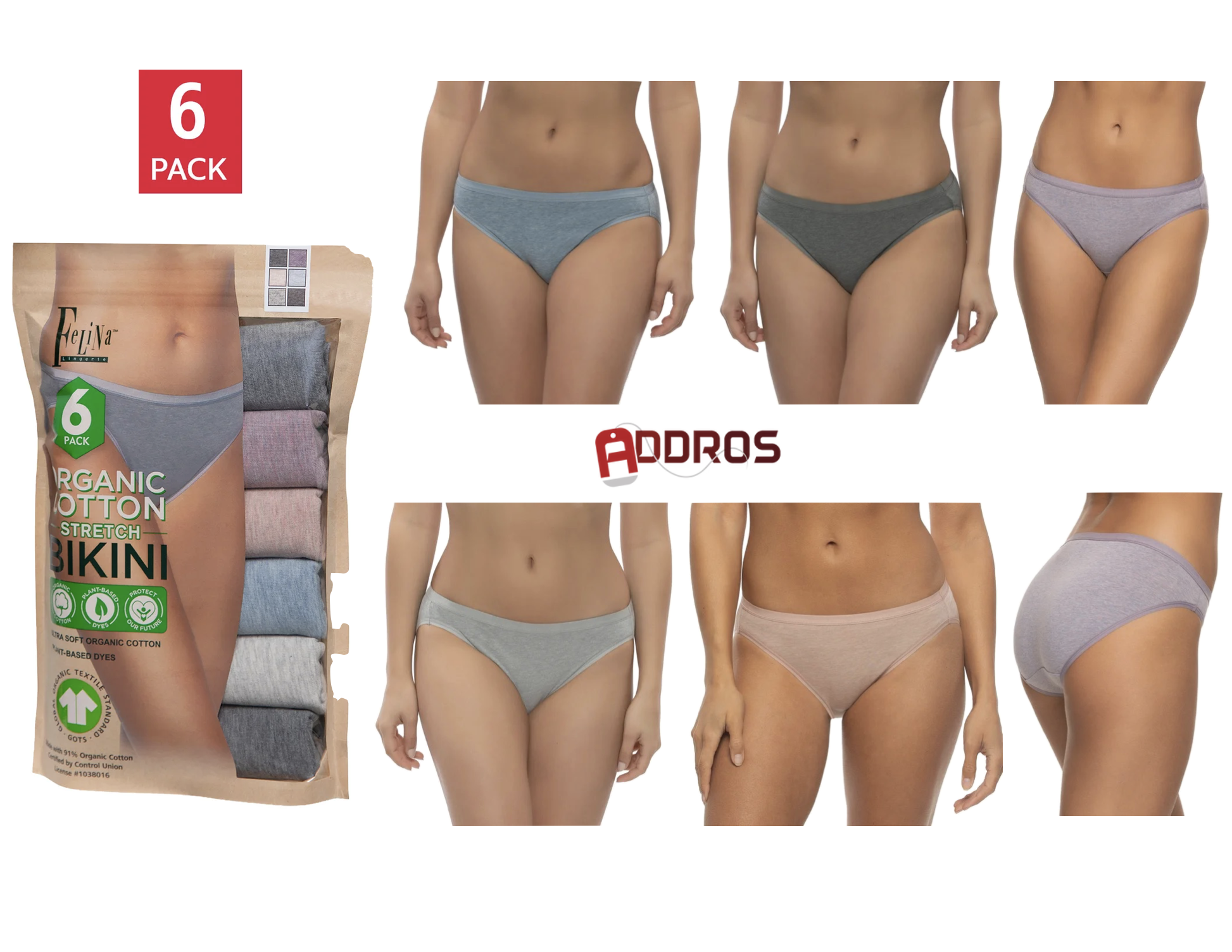 Felina Women's Organic Cotton Stretch Bikini, Assorted Colors (6-Pack)