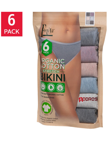 Felina Women's Organic Cotton Stretch Bikini, Assorted Colors (6-Pack)