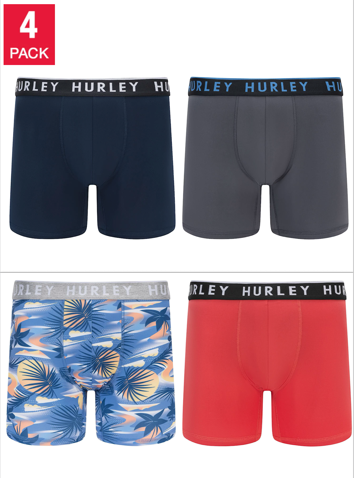 Hurley Men's Mens Boxer Brief, Assorted Colors (4-Pack)