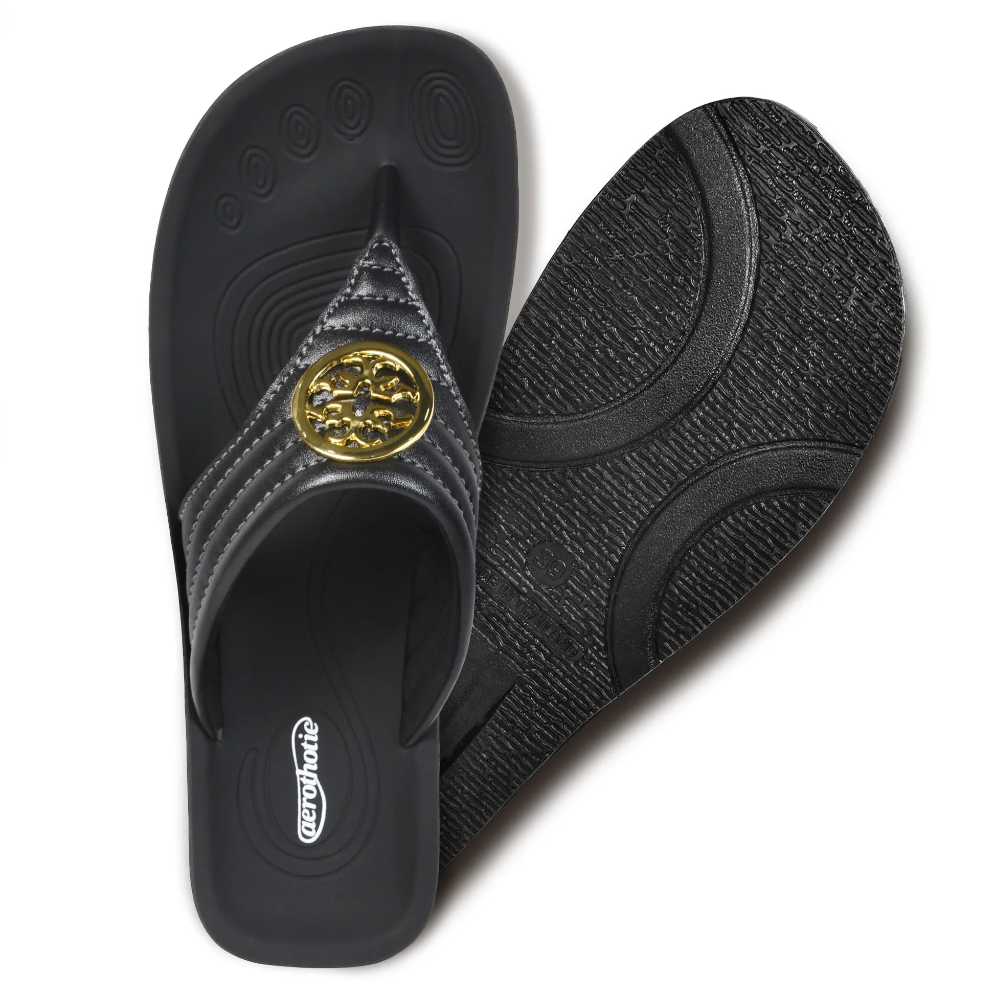 Aerothotic - Women's Walking Thong Sandals, Idelle - Black (L0360)