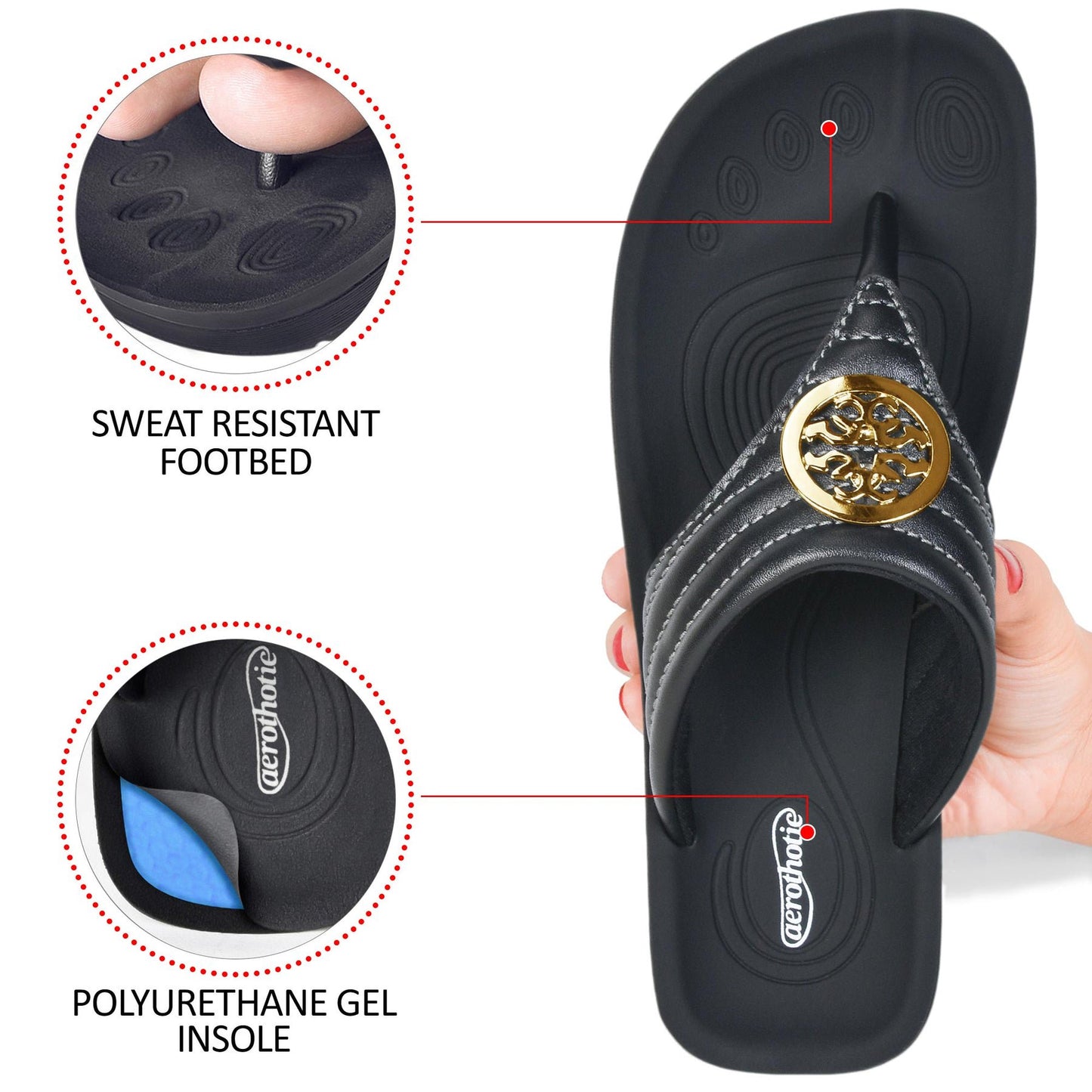Aerothotic - Women's Walking Thong Sandals, Idelle - Black (L0360)