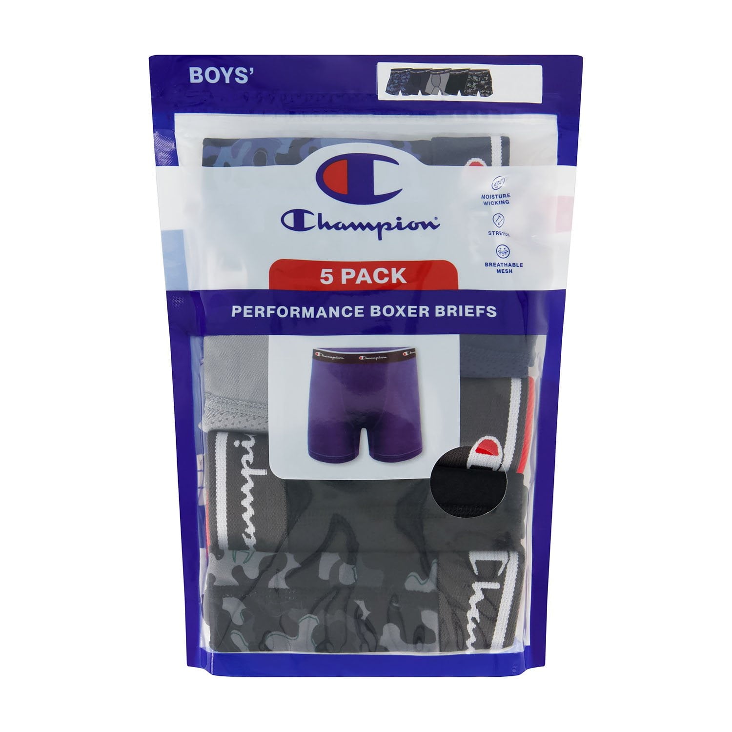 Champion Boys - Performance Boxer Brief, Grey Blue Camo (5-Pack)