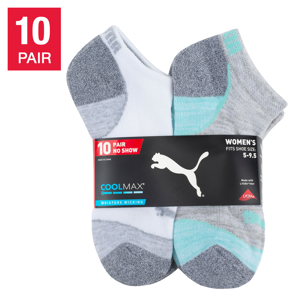 PUMA Women's Cool Max, No Show Sock (6-12) Assorted (10-Pair)