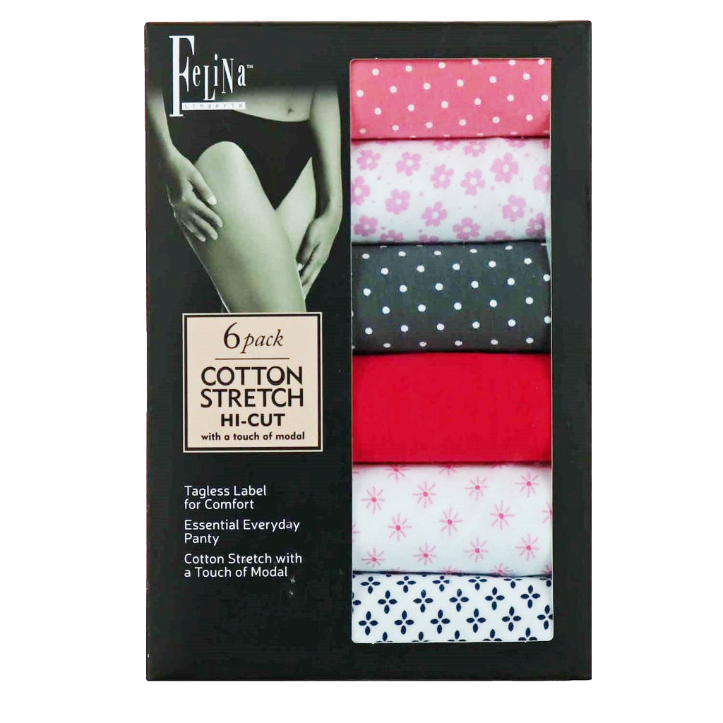 Felina Women's - Hi Cut Cotton Stretch Panties (6 Pack) - oddros.shop