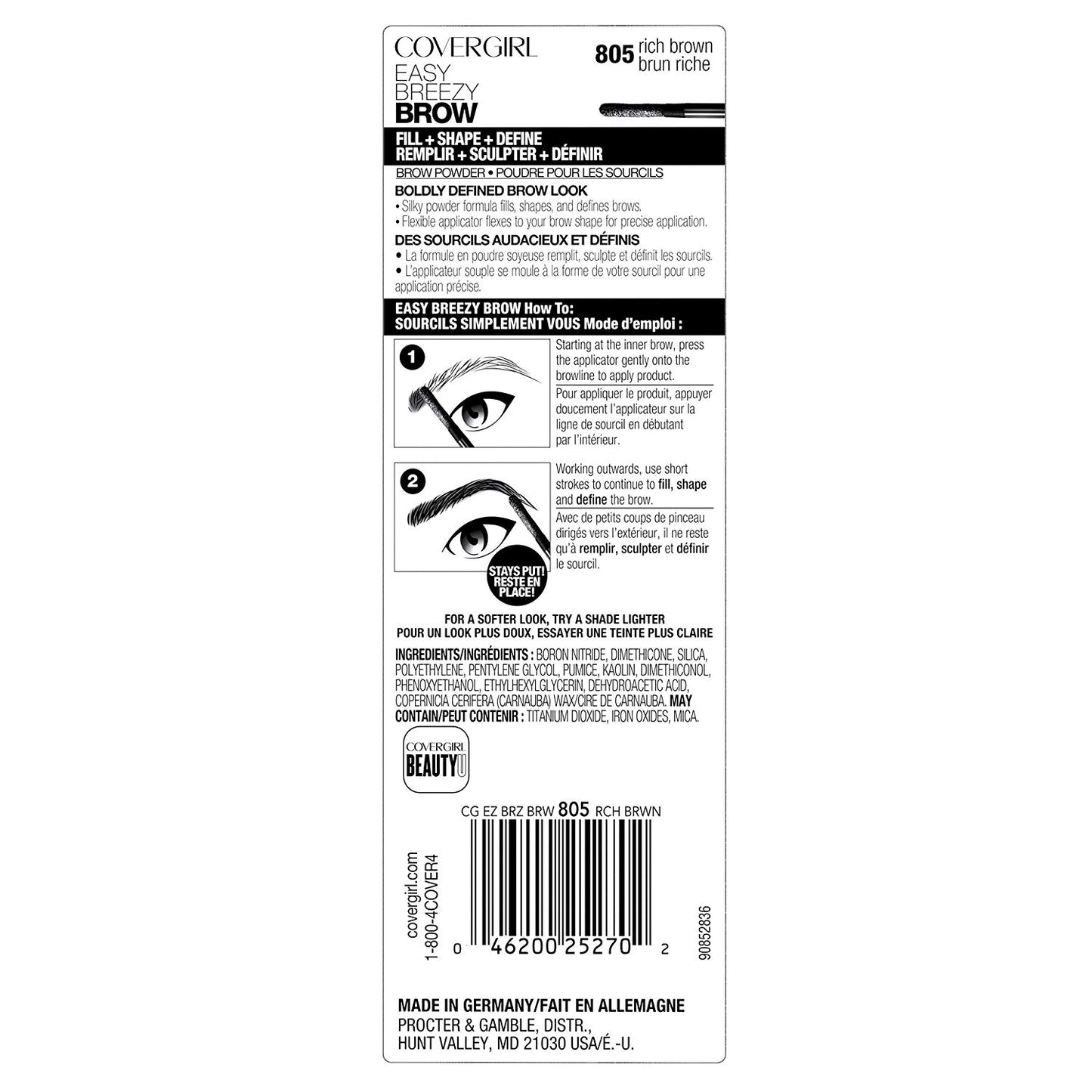 CoverGirl Easy Breezy Brow Fill Plus Shape Define Eyebrow Powder, 805 Rich Brown - oddros.shop