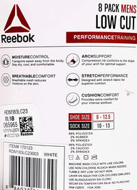 Reebok Men's Low-Cut Socks Performance Training 8 Pairs, Size 10-13 (White)