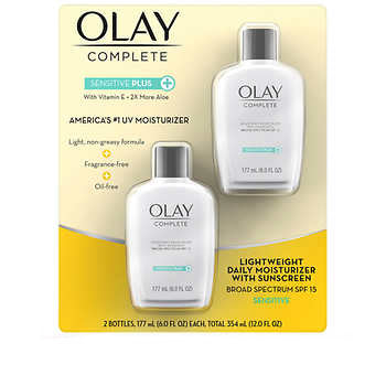 Olay Complete Sensitive Plus All Day Moisturizer with SPF 15 for Sensitive Skin, Two 6.0 oz Bottles - oddros.shop